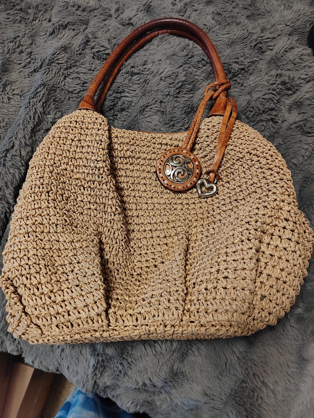 Vintage Brighton Woven Straw Large Shoulder Bag with Brown Leather Handles